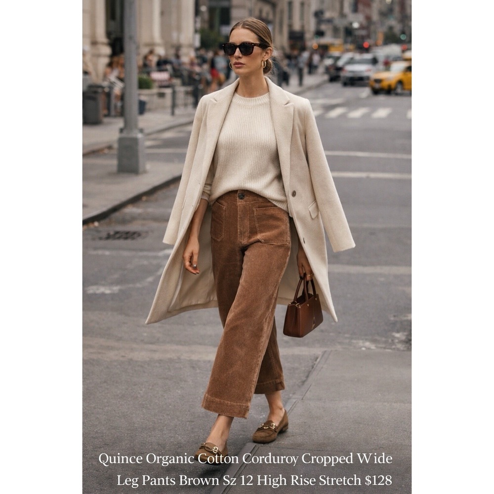 Quince Organic Cotton Corduroy Cropped Wide Leg Pants Brown Sz 12  Stretch $128